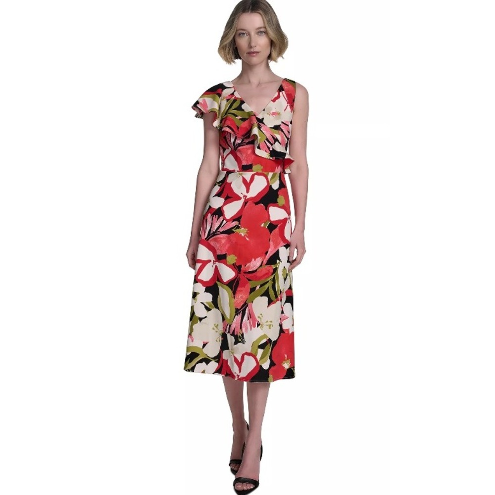 Halston Floral Ruffle Midi Dress Womens 2 Red White NEW Asymmetrical‎ Tropical